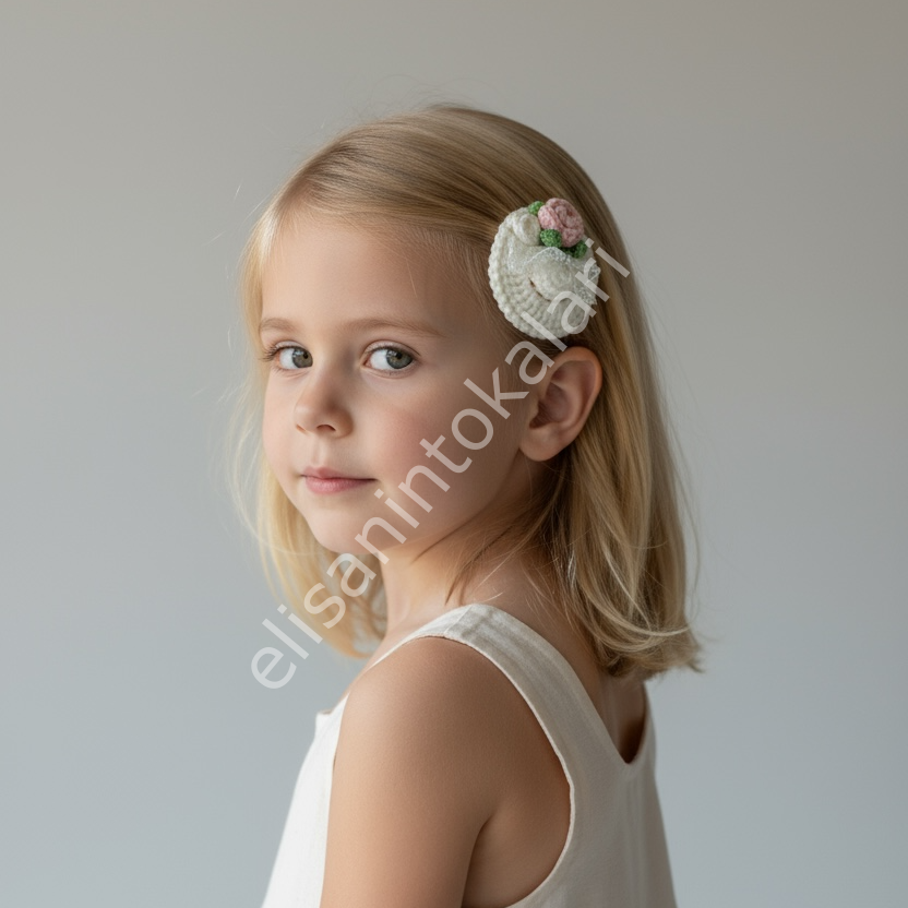 Vintage Ekru Örgü Şapka Çıt Çıt Toka – 5 cm El Yapımı Saç Tokası | Bebek & Kız Çocuk