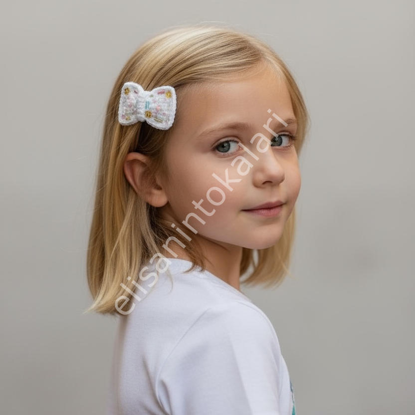 Boncuk ve Pul İşlemeli Fiyonk Toka – 7 cm El Yapımı Saç Tokası | 5 cm Klipsli Bebek & Kız Çocuk